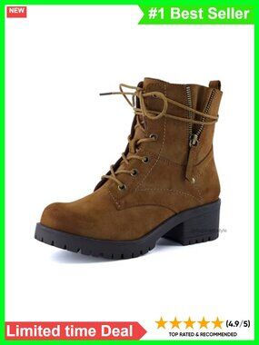 Dunes Kobe Vegan Leather Combat Ankle Boots Lace-Up Side Zip Block Heel